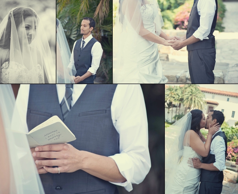 Mexican couple reading wedding vows to each other and kissing