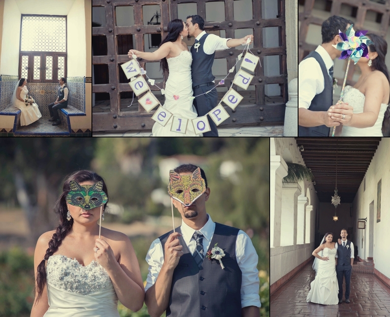 Mexican couple posing for wedding photos inside Santa Barbara Courthouse.