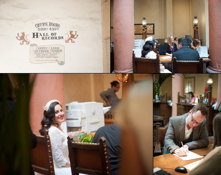 Bride and groom signing marriage license in the Hall of Records of Santa Barbara Courthouse