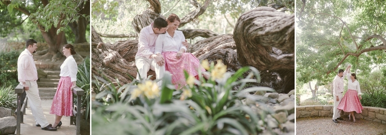 bride in pink skirt dancing at Alice Keck Park Gardens in Santa Barbara Engagement Session in Nature