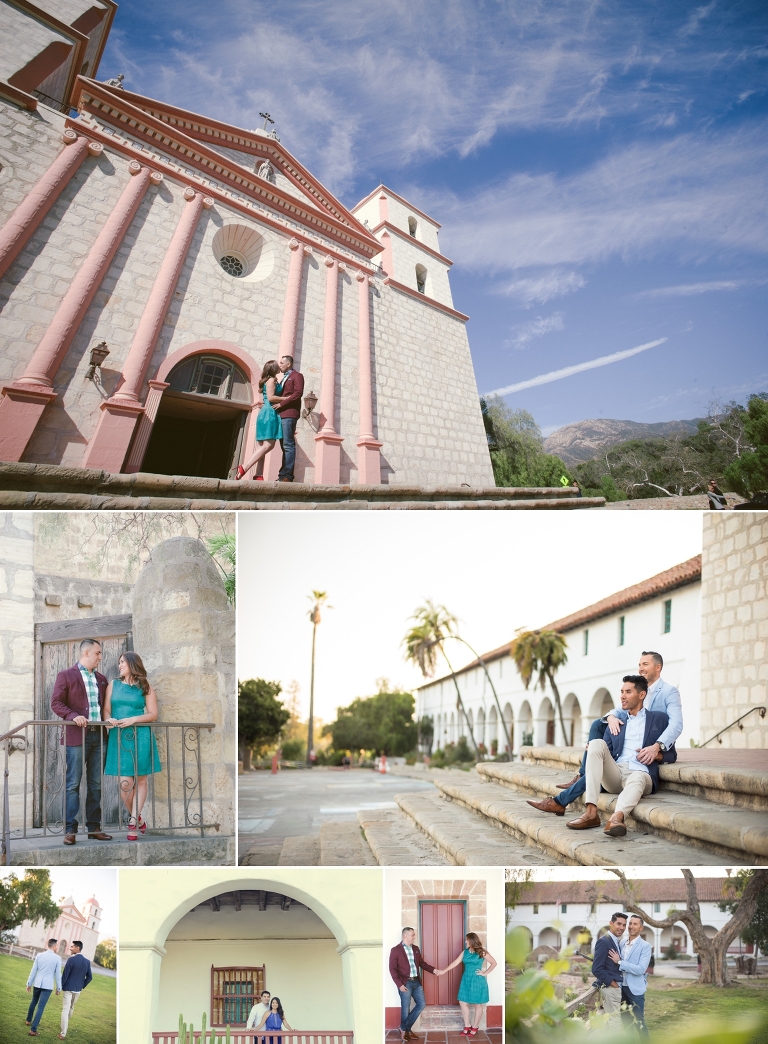 couples posing around the Santa Barbara Old Mission