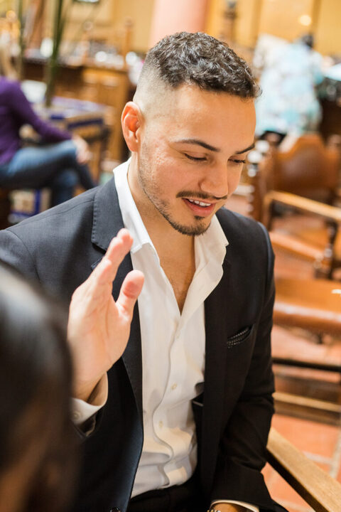 Groom taking oath outside Santa Barbara Courthouse Hall of Records
