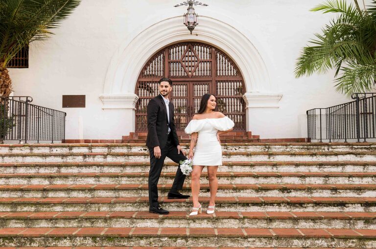 Filipino bride and middle eastern man married on the Fiesta Stage of Santa Barbara Courthouse
