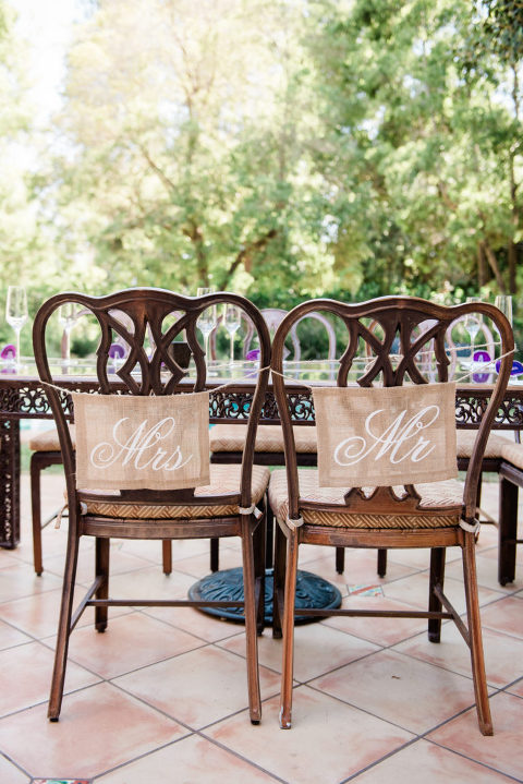Tan burlap with the words Mrs and Mr written on each one