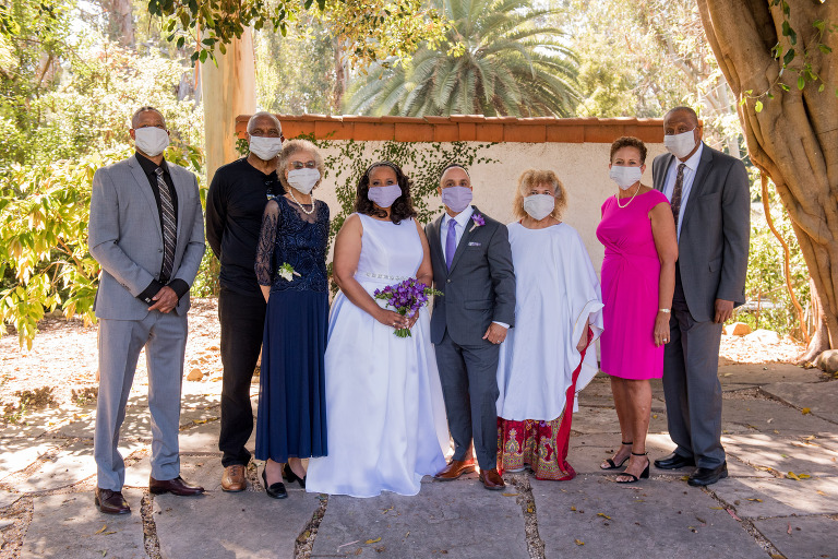 Wedding group wearing masks during Santa Barbara Covid-19 wedding