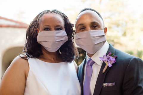 Bride and groom wearing masks at their Santa Barbara Covid-19 wedding